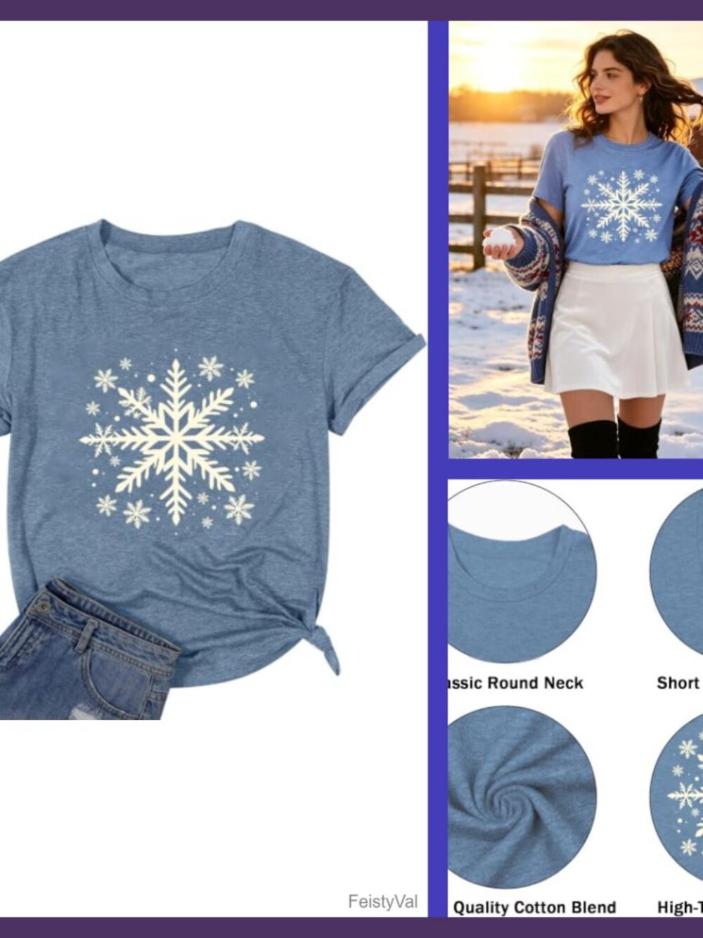 Women's Christmas Snowflake Graphic Tee Short Sleeve Crew Neck Cotton Blend